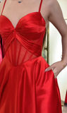 Red Spaghetti Straps A-Line Satin Long Prom Dresses, Formal Evening Gowns with Open Back HZ1024