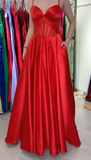 Red Spaghetti Straps A-Line Satin Long Prom Dresses, Formal Evening Gowns with Open Back HZ1024
