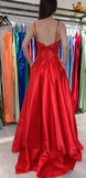 Red Spaghetti Straps A-Line Satin Long Prom Dresses, Formal Evening Gowns with Open Back HZ1024