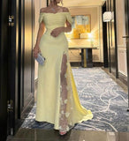 Butter Yellow Off-shoulder Sheath Chiffon Beaded Long Prom Dresses, Formal Elegant Evening Gowns HZ1024