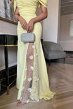 Butter Yellow Off-shoulder Sheath Chiffon Beaded Long Prom Dresses, Formal Elegant Evening Gowns HZ1024