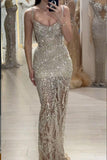 Champagne Gold Sheath Tulle Sequin Beading Long Prom Dresses, Spaghetti Strap Formal Evening Gowns HZ1024