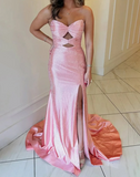 Strapless Sheath Glitter Satin Long Formal Evening Gowns with Slits HZ1024