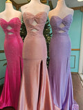 Strapless Sheath Glitter Satin Long Formal Evening Gowns with Slits HZ1024