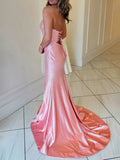 Strapless Sheath Glitter Satin Long Formal Evening Gowns with Slits HZ1024