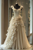 White Sweetheart Neck A-Line Chiffon Long Wedding Dress with Appliques HZ1024