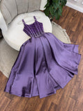 Purple Spaghetti Strap A-Line Beaded Satin Long Prom Dresses, Sweet Birthday Party Outfit HZ1024