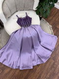 Purple Spaghetti Strap A-Line Beaded Satin Long Prom Dresses, Sweet Birthday Party Outfit HZ1024