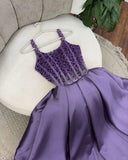 Purple Spaghetti Strap A-Line Beaded Satin Long Prom Dresses, Sweet Birthday Party Outfit HZ1024