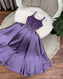 Purple Spaghetti Strap A-Line Beaded Satin Long Prom Dresses, Sweet Birthday Party Outfit HZ1024