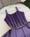 Purple Spaghetti Strap A-Line Beaded Satin Long Prom Dresses, Sweet Birthday Party Outfit HZ1024