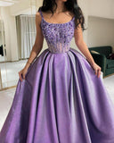 Purple Spaghetti Strap A-Line Beaded Satin Long Prom Dresses, Sweet Birthday Party Outfit HZ1024