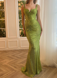 Green Spaghetti Strap Mermaid Glitter Long Prom Dresses, Formal Evening Gowns HZ1024