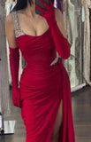 Burgundy Spaghetti Strap Sheath Satin Long Prom Dresses, Formal Evening Gowns with Slits HZ1024