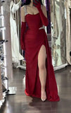 Burgundy Spaghetti Strap Sheath Satin Long Prom Dresses, Formal Evening Gowns with Slits HZ1024