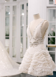 White V-neck A-Line Beaded Tulle Short Wedding Dress, Sweet Birthday Dress HZ1024