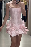 Light Pink V-neck A-Line Satin Appliques Short Prom Dresses, Stunning Homecoming Dresses HZ1024