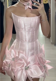 Light Pink V-neck A-Line Satin Appliques Short Prom Dresses, Stunning Homecoming Dresses HZ1024