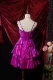 Grape Purple A-Line Spaghetti Strap Satin Short Prom Dresses, Vintage Party Dress HZ1024