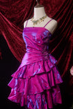 Grape Purple A-Line Spaghetti Strap Satin Short Prom Dresses, Vintage Party Dress HZ1024