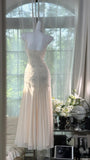 White Spaghetti Strap Sheath Chiffon Beaded Dress, Elegant Evening Gowns HZ1024