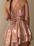 Rose Gold Spaghetti Strap A-Line Short Birthday Dress Glitter Graduation Prom Dresses HZ1024