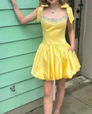 Yellow Straps A-Line Satin Short Party Dresses Homecoming Dress HZ1024