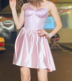 Rose Pink A-Line Spaghetti Strap Satin Short Prom Dress, Sweet 18 Dress HZ1024