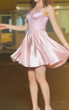 Rose Pink A-Line Spaghetti Strap Satin Short Prom Dress, Sweet 18 Dress HZ1024