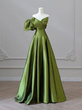 Line V Neck Satin Green Long Prom Dress, Green Long Formal Dress HZ1024