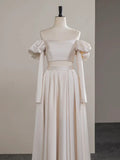 Two Pieces Satin Champagne Long Prom Dress, Champagne Long Formal Dress HZ1024