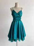 Turquoise Spaghetti Strap A-Line Satin Short Vintage Prom Dresses Birthday Party Dress HZ1024