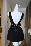 Black V-neck A-Line Satin Backless Short Homecoming Dress with Bow Party Dress HZ1024