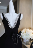 Black V-neck A-Line Satin Backless Short Homecoming Dress with Bow Party Dress HZ1024