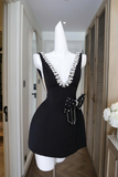 Black V-neck A-Line Satin Backless Short Homecoming Dress with Bow Party Dress HZ1024