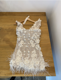 White V-neck Bodycon Beaded Applique Short Birthday Dress, Fashion Party Dress HZ1024