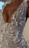 White V-neck Bodycon Beaded Applique Short Birthday Dress, Fashion Party Dress HZ1024
