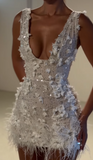 White V-neck Bodycon Beaded Applique Short Birthday Dress, Fashion Party Dress HZ1024