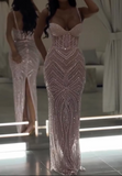 Light Pink Spaghetti Straps Sheath Tulle Beaded Long Evening Gowns Sweet Graduation Dress HZ1024
