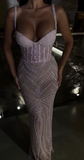 Light Pink Spaghetti Straps Sheath Tulle Beaded Long Evening Gowns Sweet Graduation Dress HZ1024