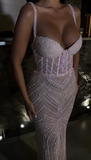 Light Pink Spaghetti Straps Sheath Tulle Beaded Long Evening Gowns Sweet Graduation Dress HZ1024