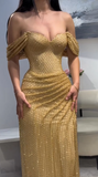 Gold Off Shoulder Sheath Lace Long Evening Gowns, Fashion Slit Prom Dresses HZ1024