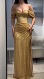 Gold Off Shoulder Sheath Lace Long Evening Gowns, Fashion Slit Prom Dresses HZ1024