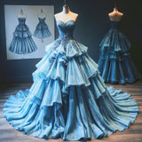 Blue Sweetheart Neck A-Line Layered Tulle Long Prom Dresses Quincea?era Dress HZ1024