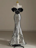 Silver Mermaid Off Shoulder Evening Gowns Chic Velvet Sequin Long Prom Dresses HZ1024