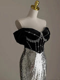 Silver Mermaid Off Shoulder Evening Gowns Chic Velvet Sequin Long Prom Dresses HZ1024