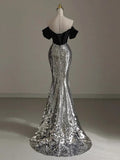 Silver Mermaid Off Shoulder Evening Gowns Chic Velvet Sequin Long Prom Dresses HZ1024