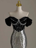 Silver Mermaid Off Shoulder Evening Gowns Chic Velvet Sequin Long Prom Dresses HZ1024