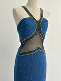 Blue Mermaid Halter Evening Gowns Vintage Beaded Dress HZ1024