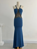 Blue Mermaid Halter Evening Gowns Vintage Beaded Dress HZ1024